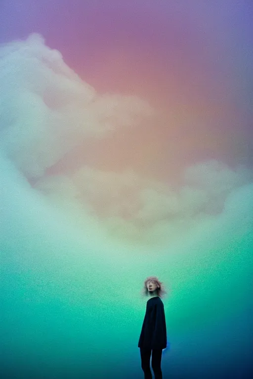 Image similar to high quality pastel coloured film close up wide angle photograph of a model wearing clothing swimming on cloud furniture in a icelandic black rock!! environment in a partially haze filled dreamstate world. three point light, rainbow. photographic production. art directed. pastel colours. volumetric clouds. pastel gradient overlay. waves glitch artefacts. extreme facial clarity. 8 k. filmic.