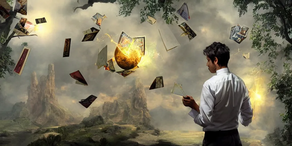 Image similar to male accountant examining the mysteries of tarot magic, cards flying everywhere, magic everywhere, matte painting, high quality