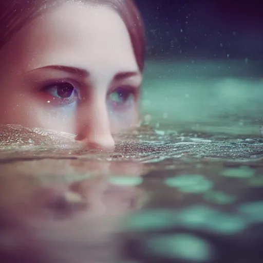 Image similar to pale face lying under the water, water lilys, cinematic, shallow depth of field, atmospheric, ultra high detail, somber colors, close up of face, trending on artstation