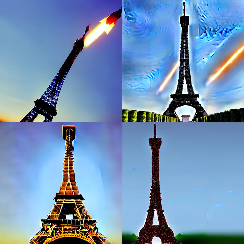 Prompt: a rocket in the shape of the Eiffel tower taking off