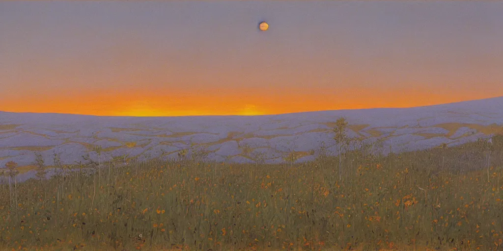 Image similar to sunrise over the bone filled lands. Dark flower. Painting by harald sohlberg