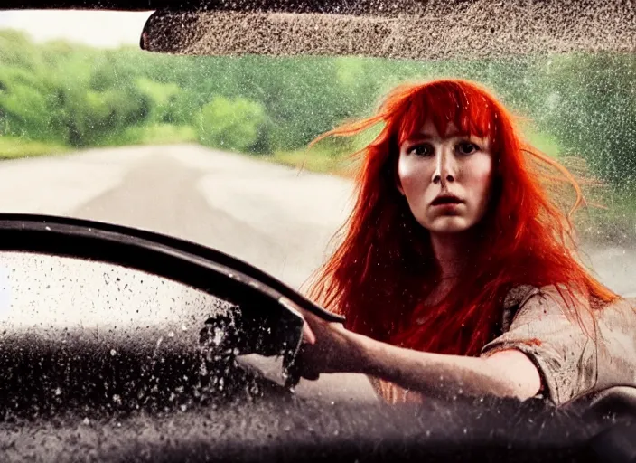 Image similar to A very high resolution image from a new movie, inside of a car, red hair woman, raining, hot, directed by wes anderson