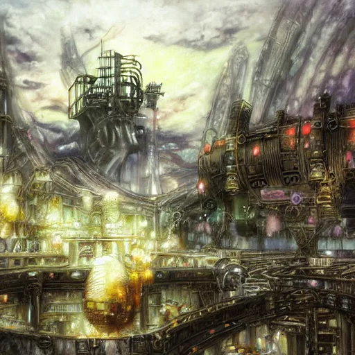 Image similar to painted conceptual art from from final fantasy 7 from the steam punk city midgard as backdrop, by master artist yoshitaka amano