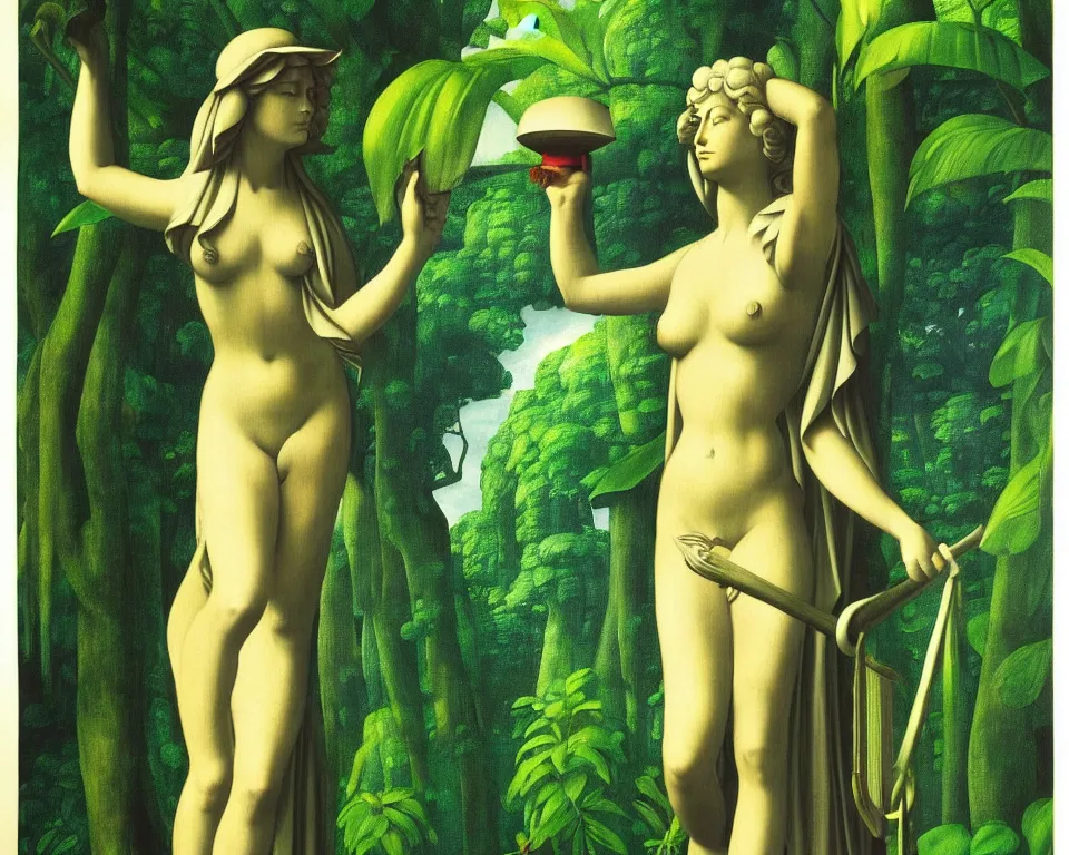 Prompt: an achingly beautiful print of lady justice in the rainforest by Raphael, Hopper, and Rene Magritte. detailed, romantic, enchanting, trending on artstation.