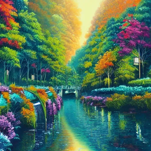 Prompt: Beautiful city of the future in harmony with nature. Nice colour scheme, soft warm colour. Beautiful detailed painting by Lurid. (2022)