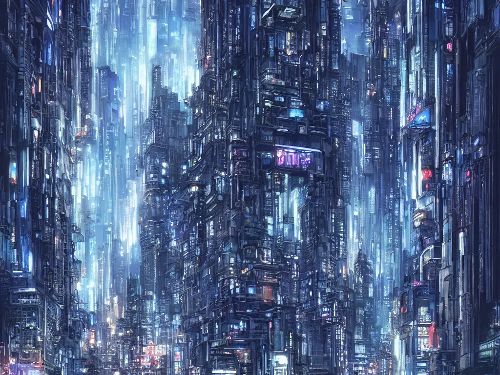 Prompt: the street level of a massive city metropolis that stacks grand buildings on top of each other in a complex arrangement of classical architecture, by hugh ferris and noriyoshi ohrai and john harris, technological, cyberpunk style, blue color scheme, city lights, busy night, fine detail, polished, super focus, octane, cgsociety, trending on artstation