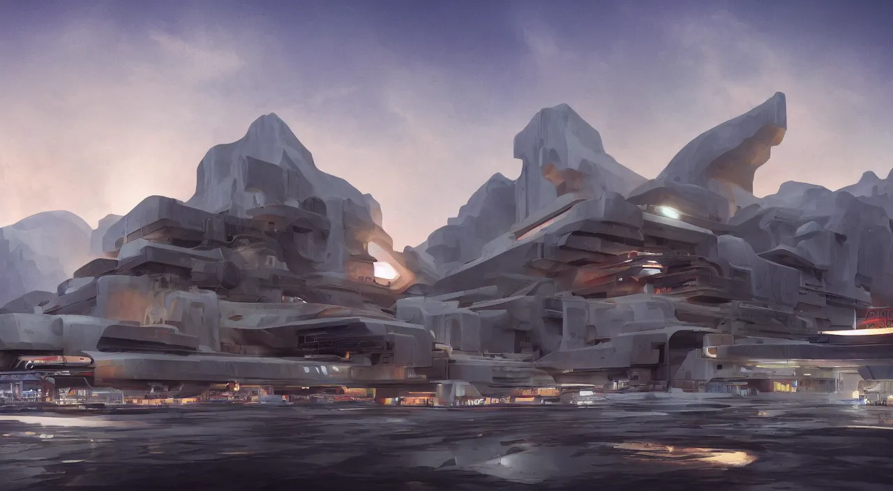 Prompt: a matte painting of Arctic station by Frank Lloyd Wright and Zaha Hadid torch volume light stylized illustration digital airbrush painting, 3d rim light, hyperrealistic masterpiece, artstation, cgsociety, kodakchrome, golden ratio