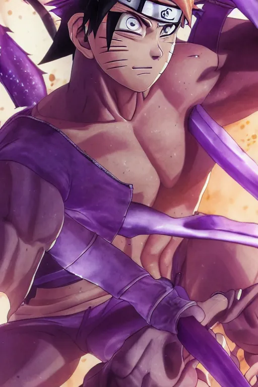 Image similar to close up of a naruto in smooth purple ninja uniform, blue spiked hair, muscular, intense, dramatic pose body of an ultrafine hyperdetailed illustration by kim jung gi, irakli nadar, intricate linework, sharp focus, bright colors, octopath traveler, final fantasy, unreal engine 5, global illumination, radiant light.