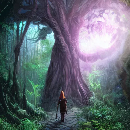 Image similar to a wizard walking towards a ravenous, ominous portal to hades embedded in a creepy tree in a densely overgrown, magical jungle, fantasy, dreamlike sunraise, ultra realistic style, stopped in time, dreamlike light incidence