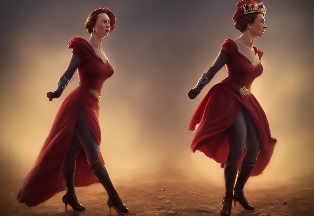 Prompt: epic professional digital art of queen elizabeth ii in three point superhero landing pose, ambient light, painted, heroic, royal, detailed,, leesha hannigan, wayne haag, reyna rochin, ignacio fernandez rios, best on artstation, cgsociety, epic, stunning, gorgeous, much wow, cinematic