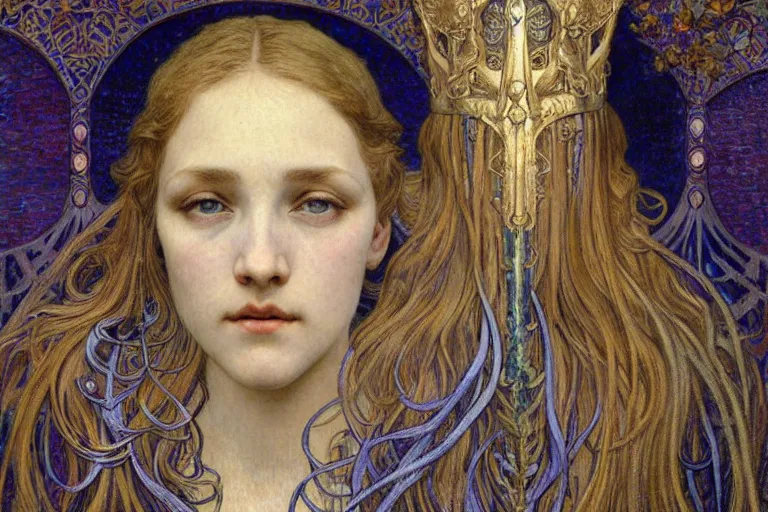 Image similar to detailed realistic beautiful young medieval queen face portrait by jean delville, alphonse mucha, vincent van gogh, and marco mazzoni, art nouveau, symbolist, visionary, gothic, pre - raphaelite