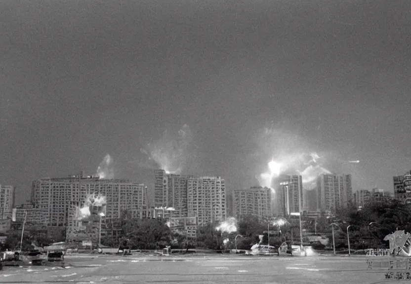 Image similar to Pulgasari the North Korean starfish monster destroying Pyongyang city, volumetric lighting, filmstill, produced by Kim Jong-il, Kodachrome, kaiju-eiga, monster movie, communist propaganda, film noir, 35mm film grain, Cooke Varotal 20-100mm T3.1, in the style of Ishirō Honda and Orson Welles