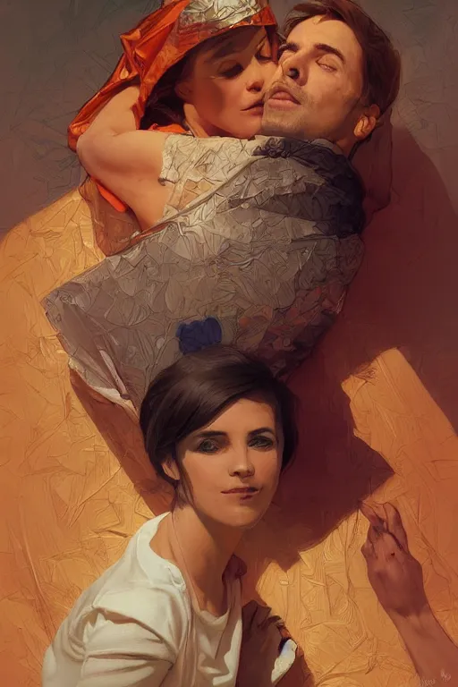 Image similar to portrait of a man in tin - foil hat and orange t - shirt hugging his wife in a bed, feelings, romantic, fantasy, intricate, elegant, highly detailed, digital painting, artstation, concept art, smooth, sharp focus, illustration, art by artgerm and greg rutkowski and alphonse mucha