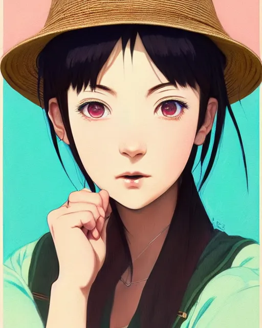 Image similar to girl waering hemp hat | | very very anime!!!, fine - face, audrey plaza, realistic shaded perfect face, fine details. anime. realistic shaded lighting poster by ilya kuvshinov katsuhiro otomo ghost - in - the - shell, magali villeneuve, artgerm, jeremy lipkin and michael garmash and rob rey