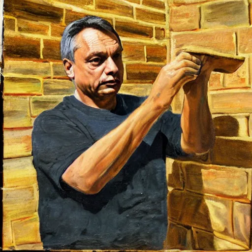 Image similar to viktor orban laying bricks, oil painting