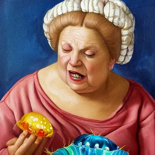 Image similar to a very funny stylize oil painting in renaissance style of a sweet fat old woman kissing a colorful jelly fish. symmetry face, red mouth, blue eyes. flowery dress. hyper realistic scene. 3 d, octane render, deep focus, white scene. very funny and sweet image. unreal engine. watercolor. fellini style. poster quality. da vinci painting style.