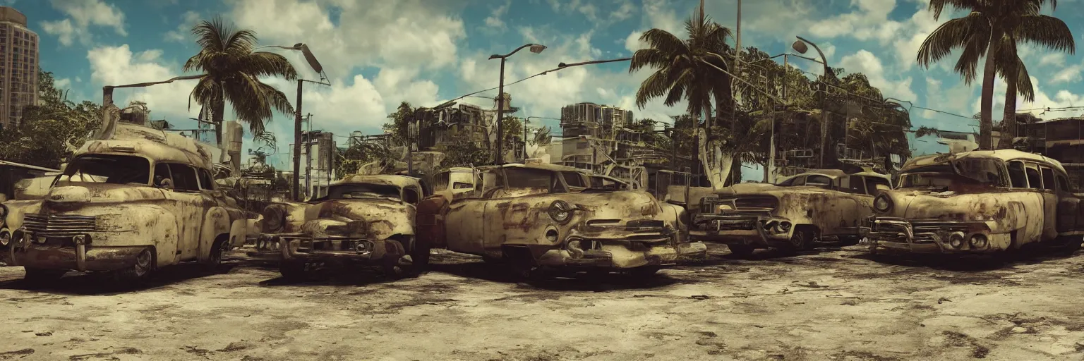 Prompt: fallout 5 : miami, outdoors ruined tropical city, rusted retro futuristic vintage styled parked vehicles like cars, buses, trucks, atmospheric lighting, painted, intricate, volumetric lighting, summer, sunny weather, few clouds, sharp focus, deep colours, ultra detailed, by leesha hannigan, ross tran, thierry doizon, kai carpenter, ignacio fernandez rios