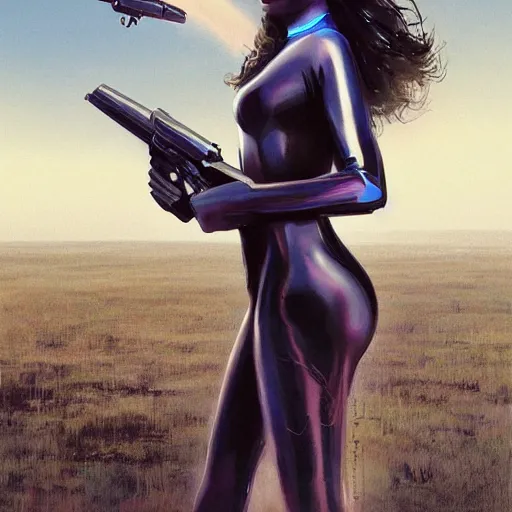 Image similar to pleiadian woman with big eyes and long silver hair wearing a dark body suit and holding a plasma gun standing in barren fields, art by greg rutkowski