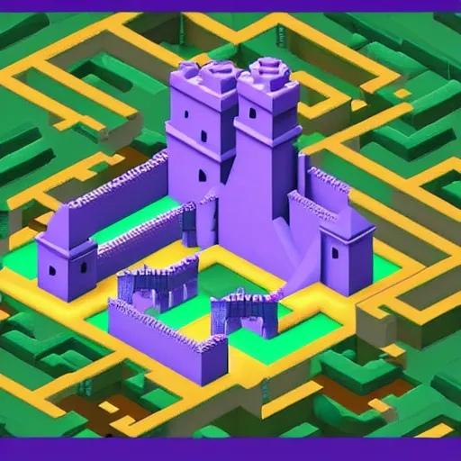 Image similar to isometric 3d video game level, castle in forest, monument valley style