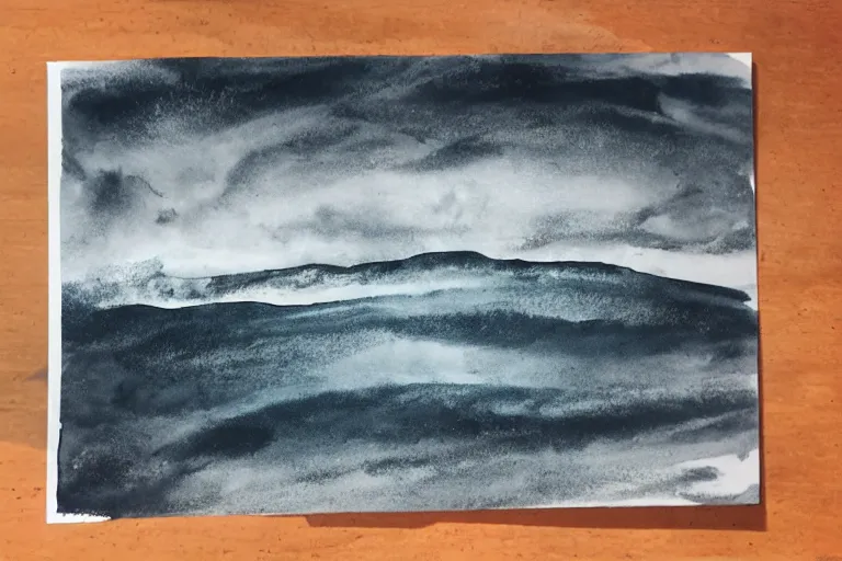 Prompt: pigmented ink landscape illustration of a stormy sea