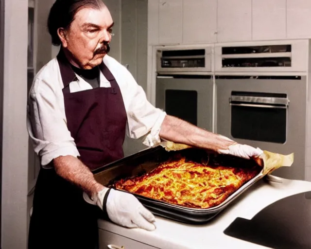 Image similar to candid photo of captain beefheart removing a lasagne from the oven