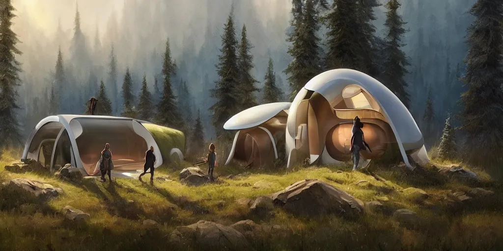 Image similar to cabela's tent futuristic pop up family pod, cabin, modular, person in foreground, mountainous forested wilderness open fields, beautiful views, painterly concept art, joanna gaines, environmental concept art, farmhouse, magnolia, concept art illustration by ross tran, by james gurney, by craig mullins, by greg rutkowski trending on artstation