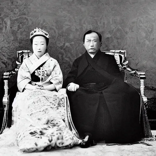 Prompt: An extreme long shot wide shot, colored black and white Russian and Japanese mix historical fantasy a photograph portrait taken at the empress and emperor's royal wedding on their carriage trip back to the palace, they had a private moment together, golden hour, warm lighting, 1907 photo from the official wedding photographer for the royal wedding.