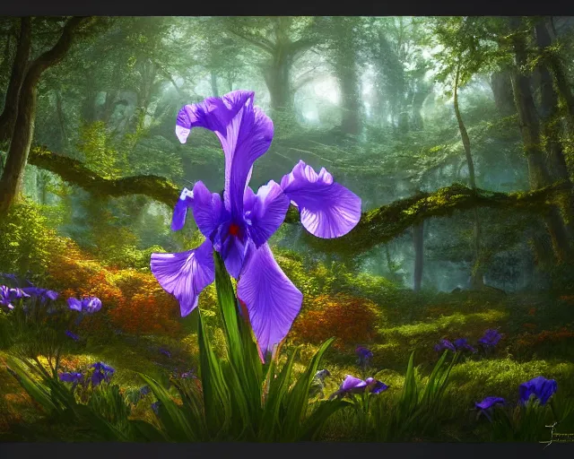 Image similar to detailed concept art of an iris flower in an magical forest by james gurney in the style of yoshitaka amano, depth of field, unreal engine, 8 k, sharpness, artstation, award - winning realistic sci - fi concept art, in the style of james gurney.