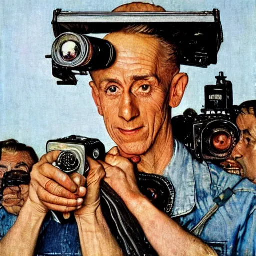 Image similar to norman rockwell painting of a television crew member holding a large television - video - camera