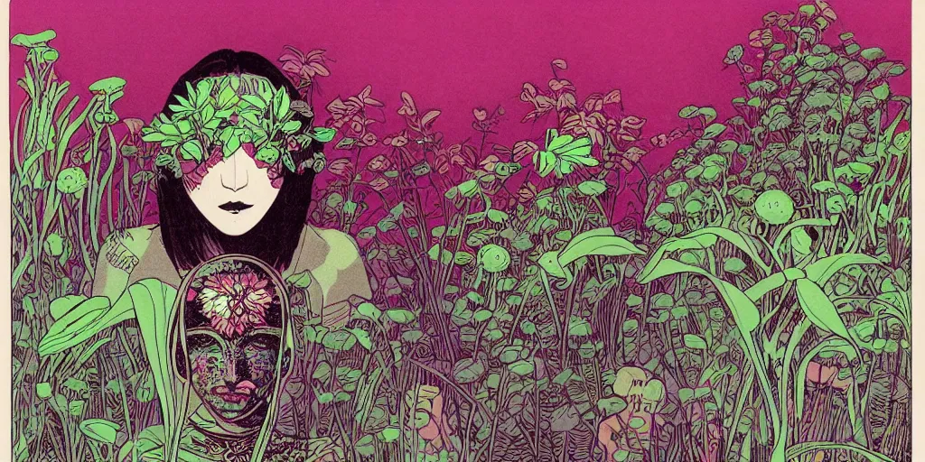 Image similar to risograph grainy drawing vintage sci - fi, antagonist girl, satoshi kon color palette, face covered with plants and flowers, wearing futuristic scaphander with lot of vires and tentacles, exotic plants around and on the background, parking lot, painting by moebius and satoshi kon and dirk dzimirsky close - up portrait