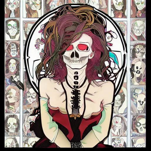 Image similar to manga skull portrait girl female skeleton realism hyperrealistic art Nintendo akira Scarlett Johanson and will cotton alphonse mucha pop art nouveau