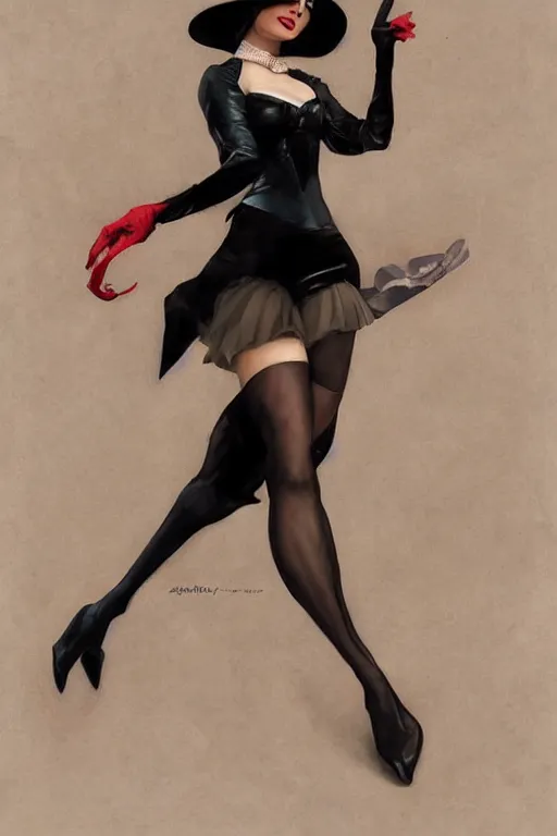 Prompt: full figure portrait of Zatana, pale, haunted, in tophat and tailcoat, legs wrapped in fishnet stockings, shushing the camera, dc comics, digital art from artstation by Ruan Jia and Mandy Jurgens and Artgerm and william-adolphe bouguereau