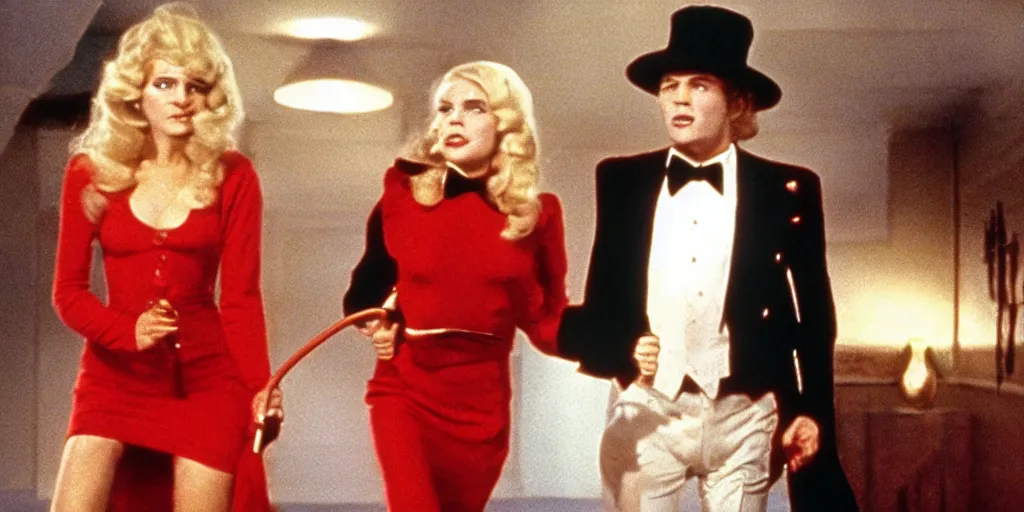 Image similar to a film still of a 70s movie of a blonde young woman wearing a red dress running of a man holding a cane wearing black suit and a bowler hat with a monstrous hat