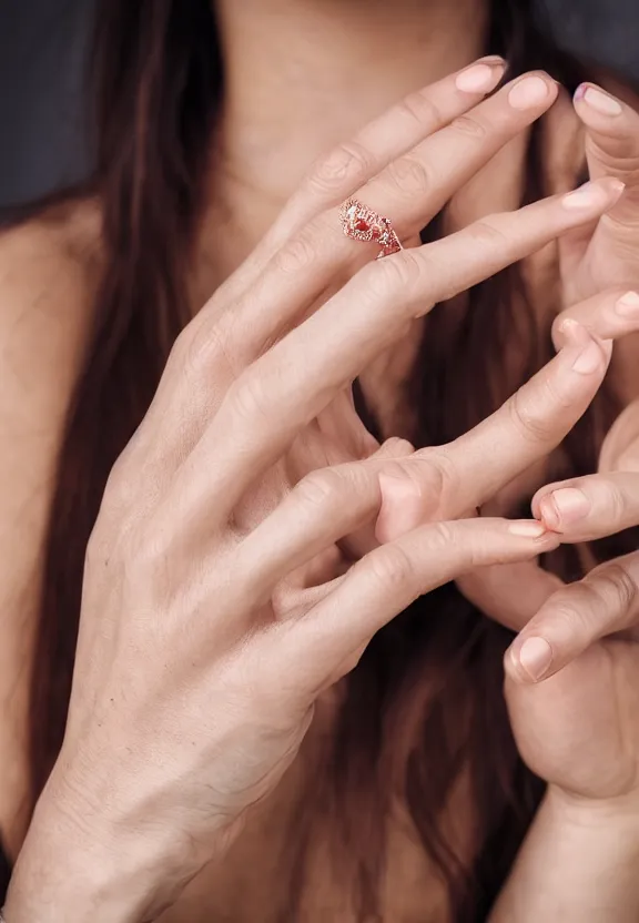Image similar to a photo of one ultra detailed woman's palm, cupping hand gesture, point finger with ring on it, other hand not visible, instagram photo, studio photo