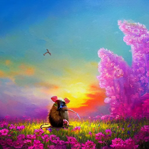 Image similar to an oil painting of a rat in a flower field, colorful, artstation, miyazaki, sunrise, very high detail