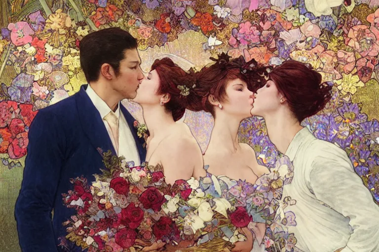 Image similar to the groom kisses the bride at a wedding full of flowers, bright and happy, dreamlike art, highly detail, 4 k realistic, wedding photoy krenz cushart. artem demura. alphonse mucha. yoji shinkawa artgerm. jon lothian. danilo torres. adi meyers. thomas reimann. gaston bussiere.