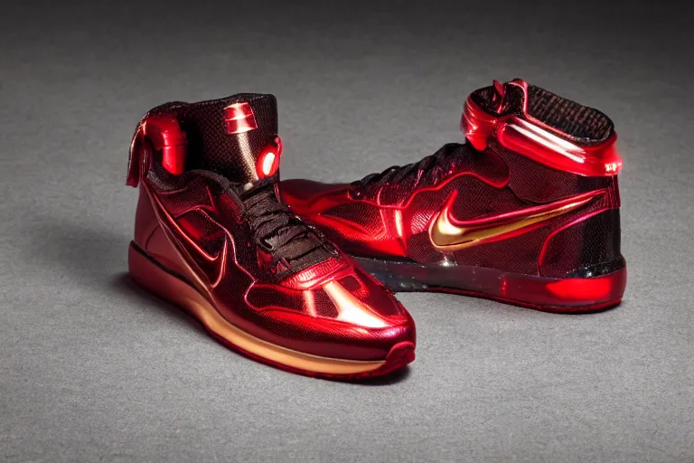 Image similar to mid product still of The New metallic red and gold Ironman Nike sneakers with glowing arc reactor swoosh and carbon fiber accents, 4k