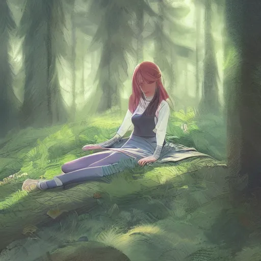 Prompt: a girl sleeping in a forest, she is laying down. in the style of rossdraws, wlop, greg rutkowski, ghibli