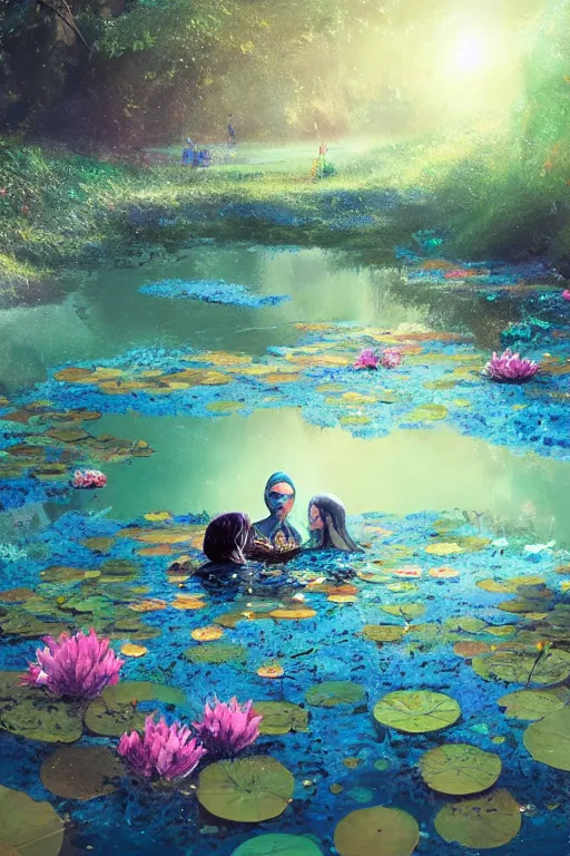 Image similar to nenufar in a pond, colorful, blue backgroung,clean, joyful, intricate, elegant, volumetric lighting, digital painting, highly detailed, artstation, sharp focus, illustration, concept art, ruan jia, steve mccurry