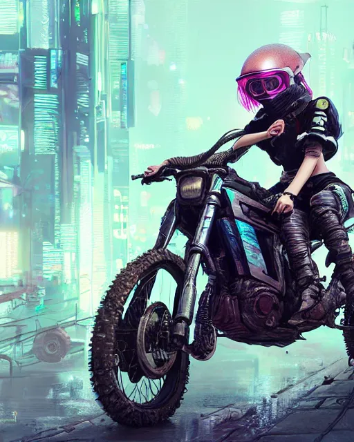 Prompt: girl wearing cyberpunk intricate streetwear riding dirt bike, respirator, detailed portrait, cell shaded, 4 k, concept art, by wlop, ilya kuvshinov, artgerm, krenz cushart, greg rutkowski, pixiv. cinematic dramatic atmosphere, sharp focus, volumetric lighting, cinematic lighting, studio quality