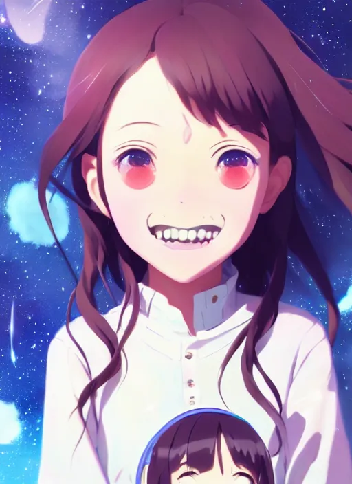 Image similar to portrait of a very cute girl with big eyes big smile, very anime space background illustration concept art anime key visual trending pixiv fanbox by wlop and greg rutkowski and makoto shinkai and studio ghibli and kyoto animation