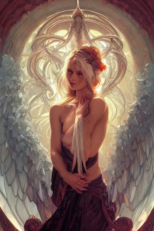 Prompt: portrait of an angelic demon, gates of hell and heaven, godlike, full body, fantasy, intricate, elegant, highly detailed, digital painting, artstation, concept art, sharp focus, illustration, art by artgerm and greg rutkowski and alphonse mucha and ross tran