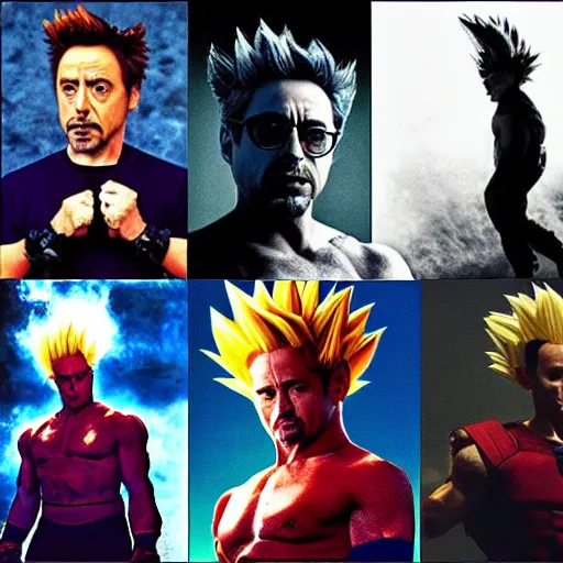 Image similar to robert downey jr. going super saiyan, cinematic, award winning professional photography