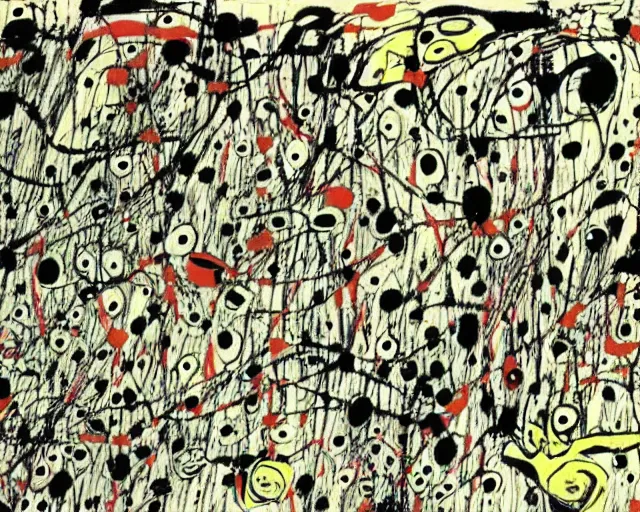 Image similar to abstract expressionism. a still from my neighbor totoro, re imagined in the style of jackson pollock. surrealism, dadaism, ghibli