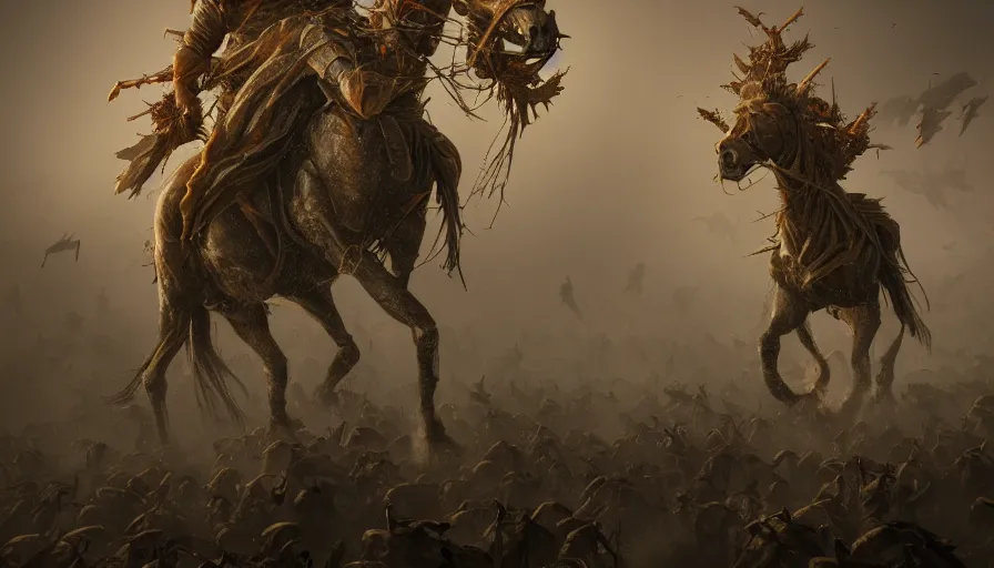 Prompt: Horseman riding through a swarm of locusts, trending on artstation, 4k