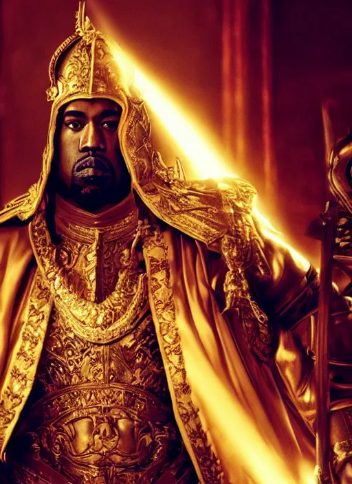 Prompt: kanye west as emperor napoleon in warcraft, splash art, movie still, cinematic lighting, dramatic, octane render, long lens, shallow depth of field, bokeh, anamorphic lens flare, 8 k, hyper detailed, 3 5 mm film grain