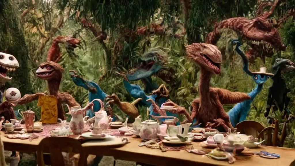 Prompt: A movie screenshot of Velociraptors having tea with Alice in Wonderland, directed by Henry Selick and Tim Burton, claymation, cinematic, balanced composition, whimsical.