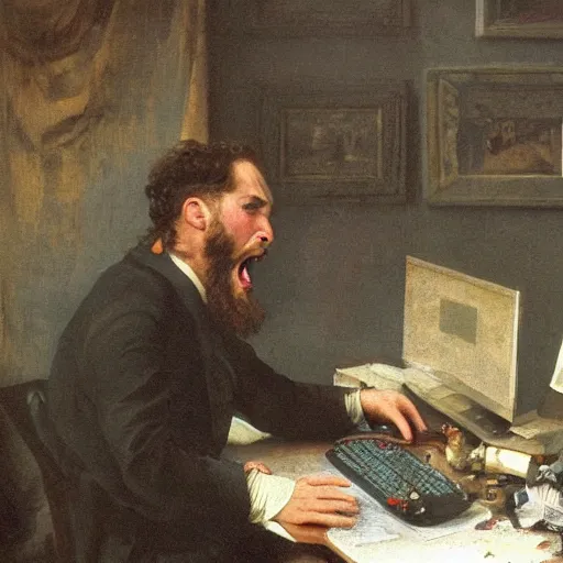 Image similar to an angry man yells at his computer monitor, oil on canvas, 1 8 8 3, highly detailed