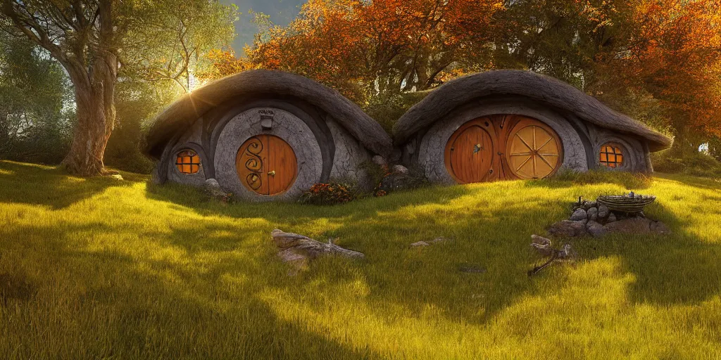 Prompt: a hobbit house in a grass field hill, greg rutkowski, zabrocki, moebius, karlkka, jayison devadas, highly detailed, photorealism, sharp details, autumn sunlights, smoky atmosphere, ( ray of sunlight ), 8 k, ultra wide angle, shot on hasselblad