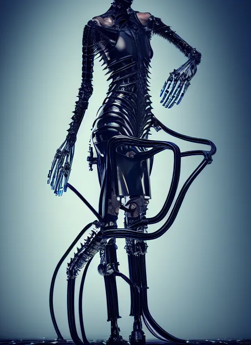 Image similar to desert, catwalk, iris van herpen gothic inflateble dark dress, perfect symmetrical body, helmet on face, full body shot, inflateble shapes, wires, tubes, veins, jellyfish, white biomechanical details, wearing epic bionic cyborg implants, masterpiece, intricate, biopunk, vogue, highly detailed, artstation, concept art, cyberpunk, octane render